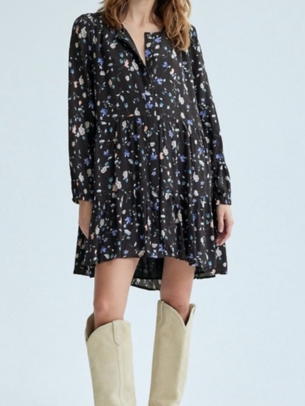 Wilfred Aritzia Barossa NWT Floral Babydoll Dress Black Long Sleeve Tiered XL